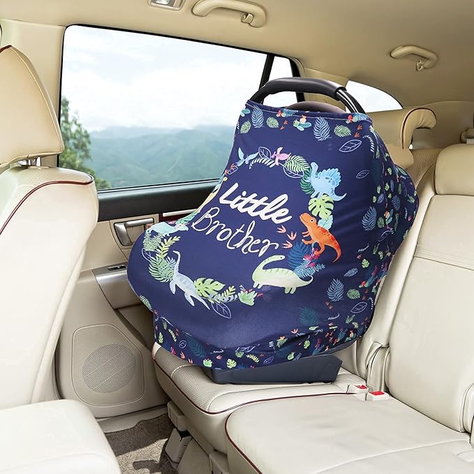 Baby Car Seat Cover for Boys, Little Brother Car Seat Canopy, Multiuse Nursing Covers, Dinosaur Theme Infant Carrier Cover Summer, Breastfeeding Scarf Newborn, Ultra-Soft Breathable