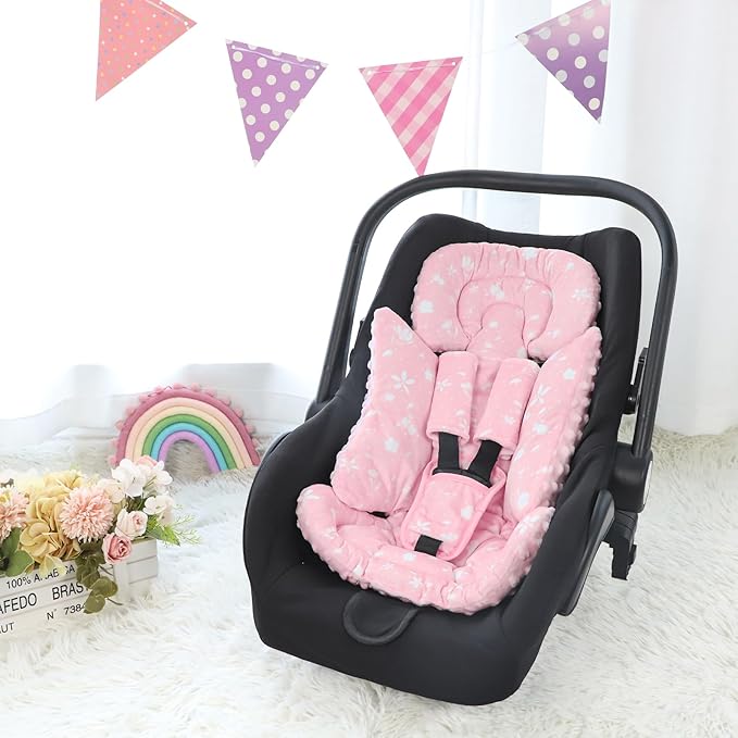 Car Seat Head Support Baby, Soft Infant CarSeat Insert with Strap Covers for Girls, Newborn Insert for carseat, Strollers, Swings, Bouncer, Pink