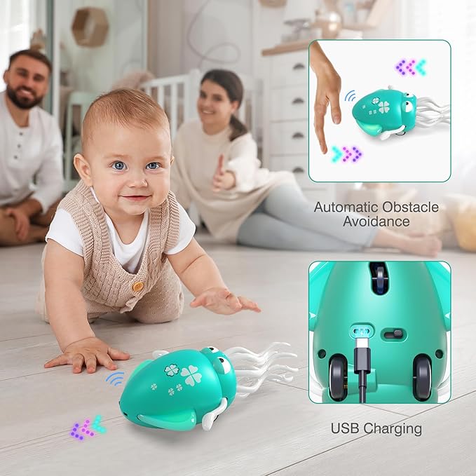 Dancing Squid Baby Toy, Crawling Octopus Squid Tummy Time Toy, Rechargeable Magic Dancing Music & LED Octopus for 3 4 5 6 Year Old Kids Boy Girl Birthday Gifts, Funny Squid for Floor Games (Green)