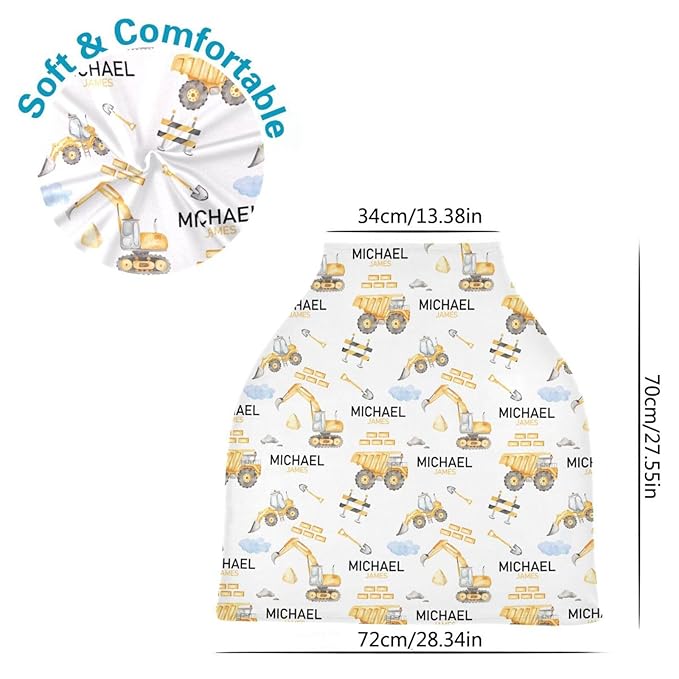 Personalized Baby Car Seat Cover for Boys, Custom Nursing Covers for Breastfeeding with Name, Construction Infant Stroller Cover, Baby Carseat Canopy for Newborn, Multiuse Car Seat Canopies