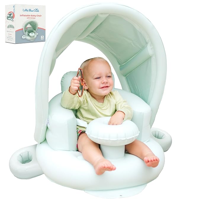 Blow Up Inflatable Baby Seat for 3-36 Months w/Built-in Pump & Detachable Canopy, Sit Me Up Floor Seat for Baby w/Safety Straps, Inflatable Infant Chair (Canopy + Cup Holders) is Ideal Summer Gift