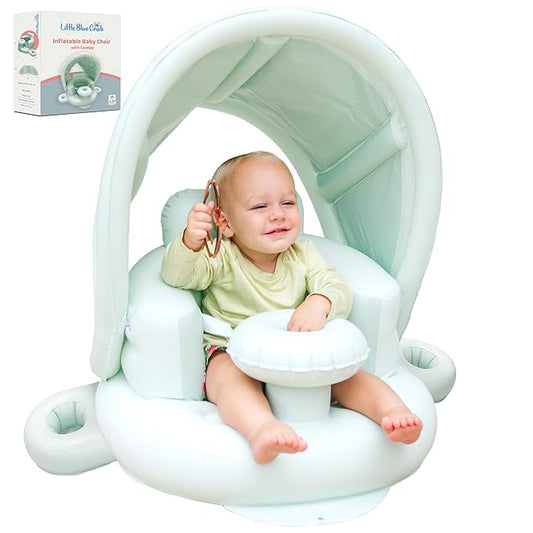 Blow Up Inflatable Baby Seat for 3-36 Months w/Built-in Pump & Detachable Canopy, Sit Me Up Floor Seat for Baby w/Safety Straps, Inflatable Infant Chair (Canopy + Cup Holders) is Ideal Summer Gift