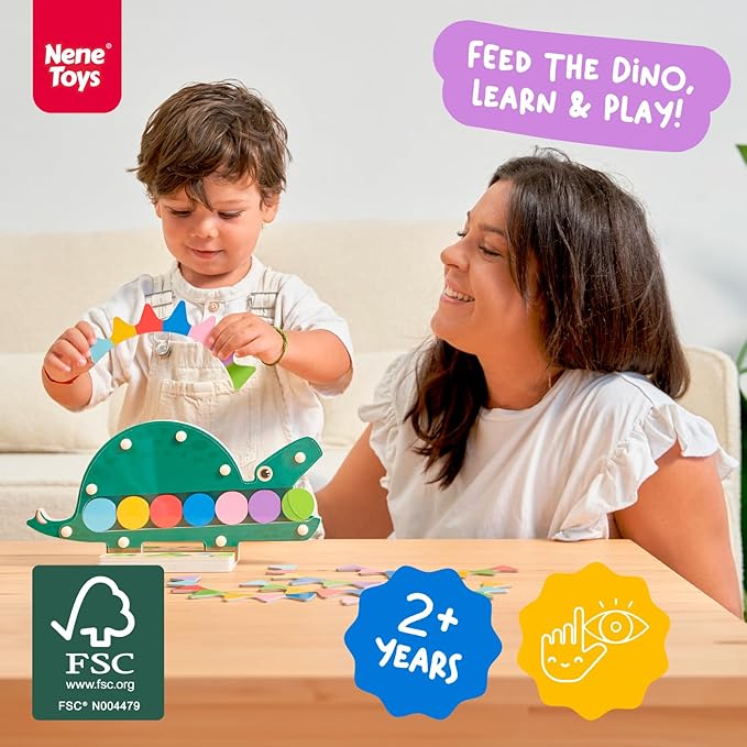 Nene Toys Hungry Dino, Montessori Wooden Dinosaur Toy for Toddlers, Color Sorting and Matching Game, Learning Toys for 2 3 Years Old Kids, Preschool Educational Game, Gift for Boys Girls 2+ Years