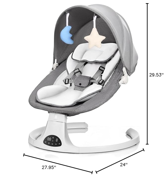 Baby Swing for Newborn to Toddler, 5 Speed Portable Infant Swing with Smart Touch Control, Remote Control, 10 Lullabies, Timer, 5 Point Harness and Soft Fabric (Grey)
