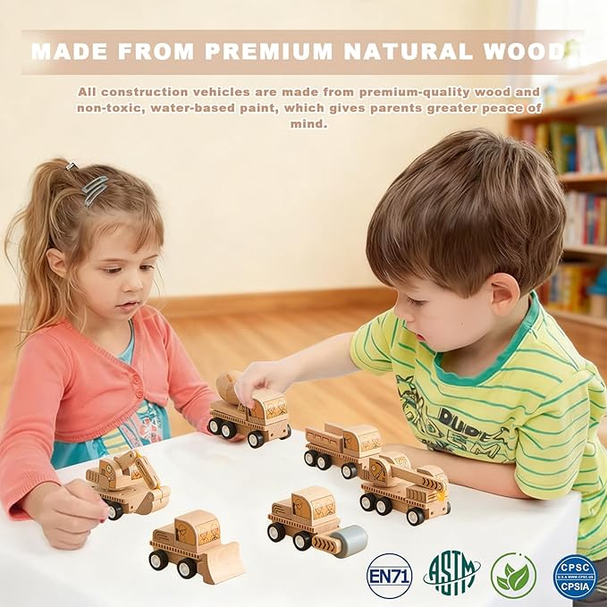 6-Piece Wooden Construction Vehicle Toys Set with Bulldozer, Excavator, Crane, Dump Truck – Montessori Toddler Toys Ages 2-4, All-Natural Safe Push & Go Gift for Boys & Girls