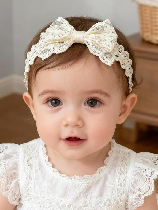 Handmade Baby Girl Headbands in Beige Baby Bows and Floral Lace Headband Bows for Newborns and Toddlers Cute Baby Girl Bows and Newborn Headband Bows