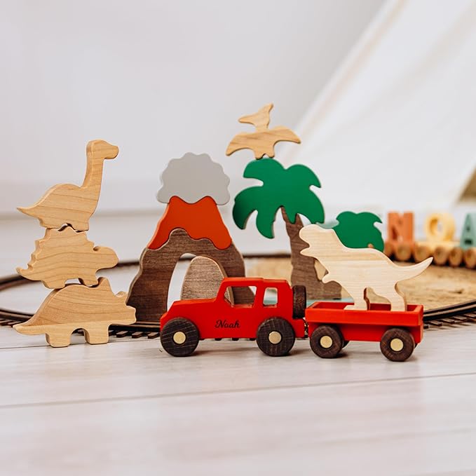Personalized Colored Wooden Car Play Set with Dinosaur Theme – Custom Toddler Sensory Toys, Unique Birthday and Baptism Gifts for Boys, Nursery Room Decor, Baby Shower Gifts