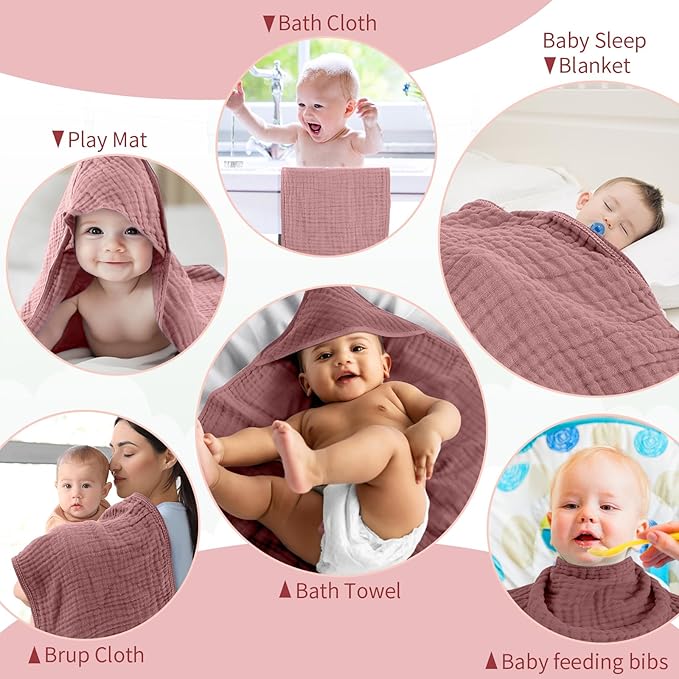 VitalCozy 6 Pcs Baby Muslin Hooded Bath Towels and Washcloths, Muslin Hooded Baby Towels Absorbent Blankets for Gift Newborn Infant Shower (Mauve,Burgundy)