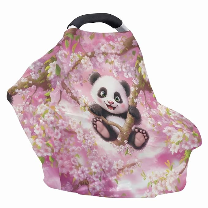 Biyejit Cherry Blossom Panda Baby Car Seat Cover, Infant Carseat Canopy, Nursing Breastfeeding Cover, Stretchy Carrier Covers for Stroller/Shopping Cart, Newborn Registry & Shower Gift for Boys Girls