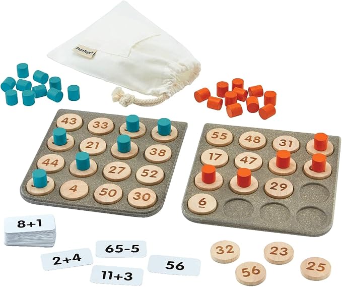 PlanToys® Wooden Math Bingo Game for Montessori Inspired Number Play | Early Math, Counting and Logical Thinking Activity | Eco Friendly Wooden Learning Game for Home or Classroom
