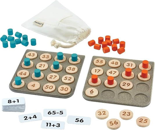 PlanToys® Wooden Math Bingo Game for Montessori Inspired Number Play | Early Math, Counting and Logical Thinking Activity | Eco Friendly Wooden Learning Game for Home or Classroom