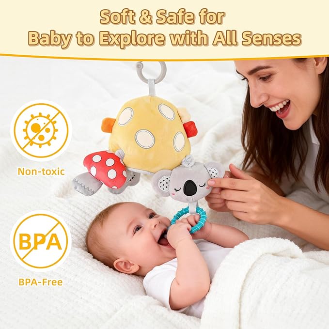 Musical Baby Pull Vibration Toy for Car Seat 6-12 Months, Travel Sensory Toy 3 Months, Montessori Plush Toys for Roadtrip with Crinkle Textures Flutter Squeaky Mirror Newborn Infant Gift