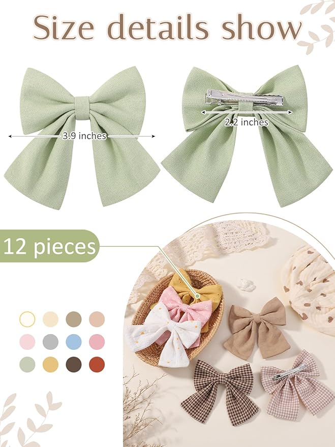 12PCS Baby Girls Hair Clips Fable Hair Bows Cotton Linen Bows for Girls Hair Accessories for Baby Toddlers Kids Light Color