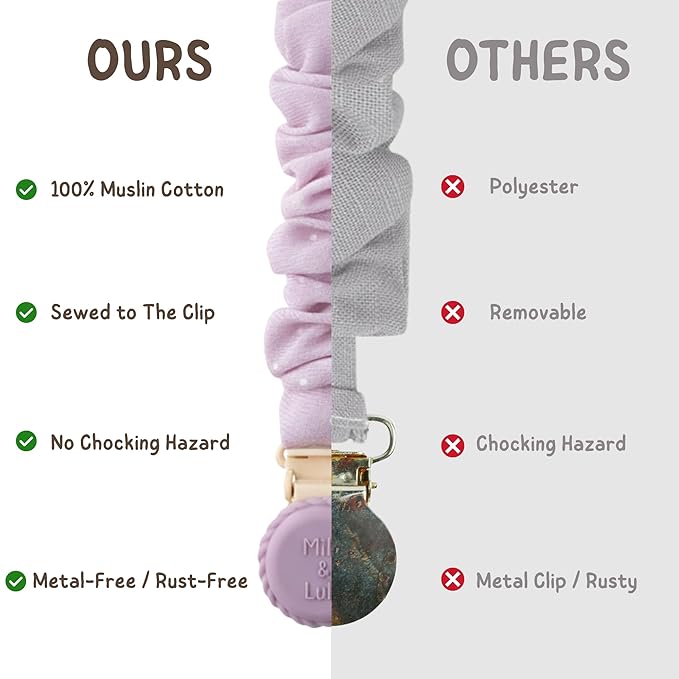 Muslin Cotton - Metal-Free Pacifier Clips, Lightweight and Secure Pacifier Holder for Babies (Mauve Muse) - Mila & Lulu