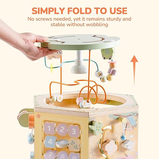 ROBUD Wooden Activity Cube, Montessori Toys for 1+ Year Old, Educational Toy with 13 Functional Areas, Fountain Garden Theme for Baby Boys & Girls