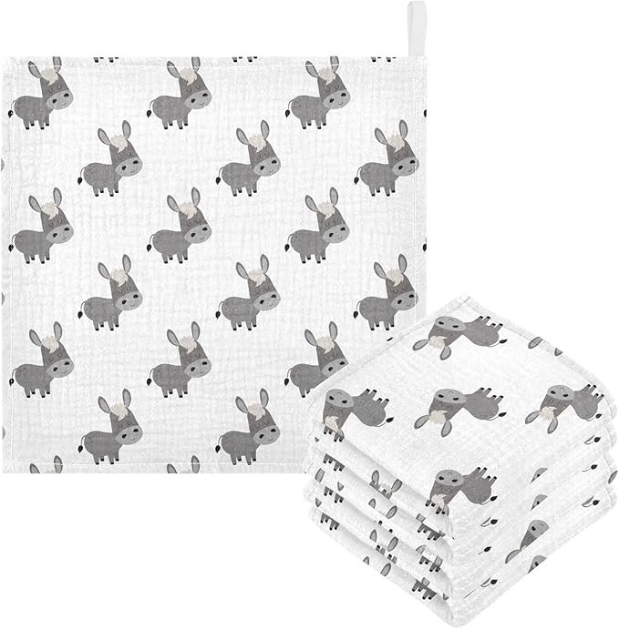 Newborn Face Towel Cute Donkey Soft Cotton Baby Washcloths 11.8 x 11.8 Inch Infants Girls Boys Muslin Burp Cloths 5 Pack