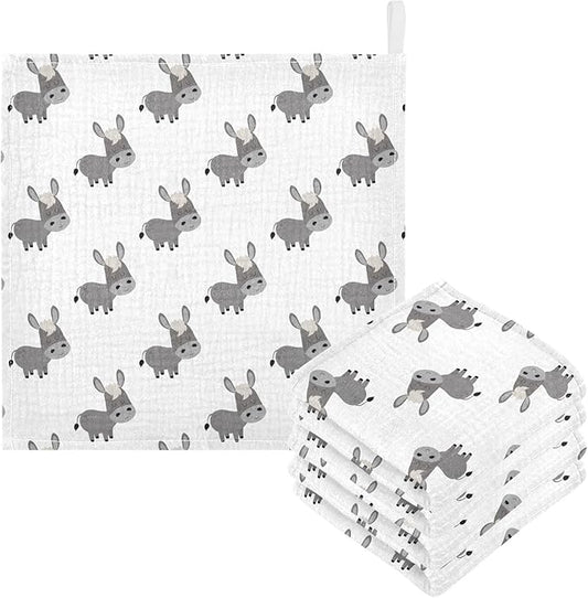 Newborn Face Towel Cute Donkey Soft Cotton Baby Washcloths 11.8 x 11.8 Inch Infants Girls Boys Muslin Burp Cloths 5 Pack
