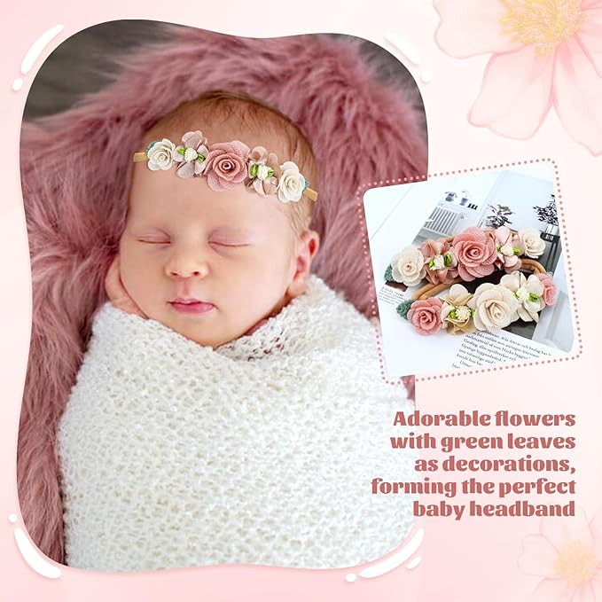Dizila 6 Pieces Super Soft Stretchy Beige Dusty Pink White Baby Girl Flower Nylon Headbands Lace Floral Bow Headbands Hair Accessories for Newborns Infants Toddlers Girls Kids