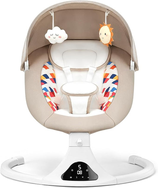 Baby Swing for Infants, Bluetooth Baby Swing with Remote Control, Portable Infant Swings with 5 Speed Motions, 12 Soothing Lullabies, Designed for Newborns (Max 20 lbs Beige)