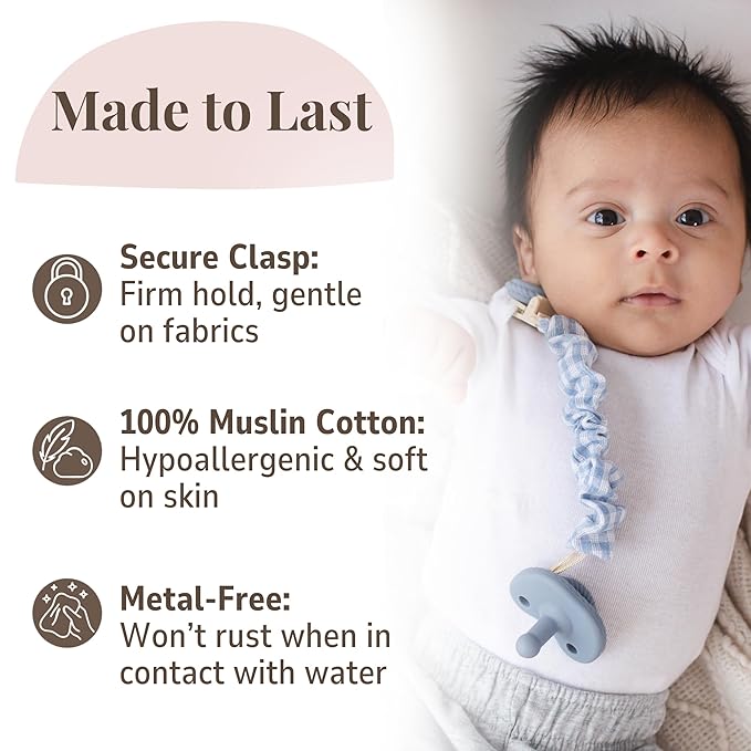 Muslin Cotton - Metal-Free Pacifier Clips, Lightweight and Secure Pacifier Holder for Babies (Ocean Bleu) - Mila & Lulu