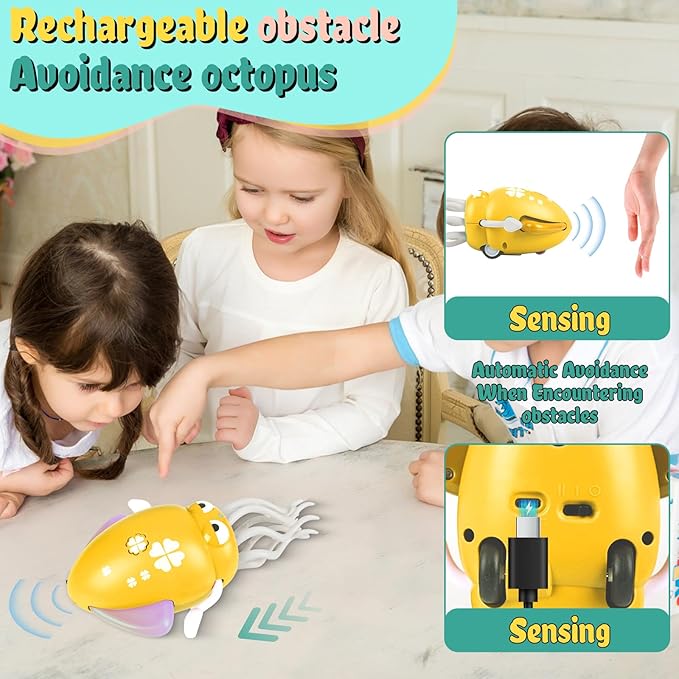 Electric Dancing Octopus Baby Toy, Dancing Squid Crawling Toys,Automatic Evasion Octopus Toy with Led Light and Music, Interactive Entertainment for Baby Sensory Development Birthday Gifts (Yellow)