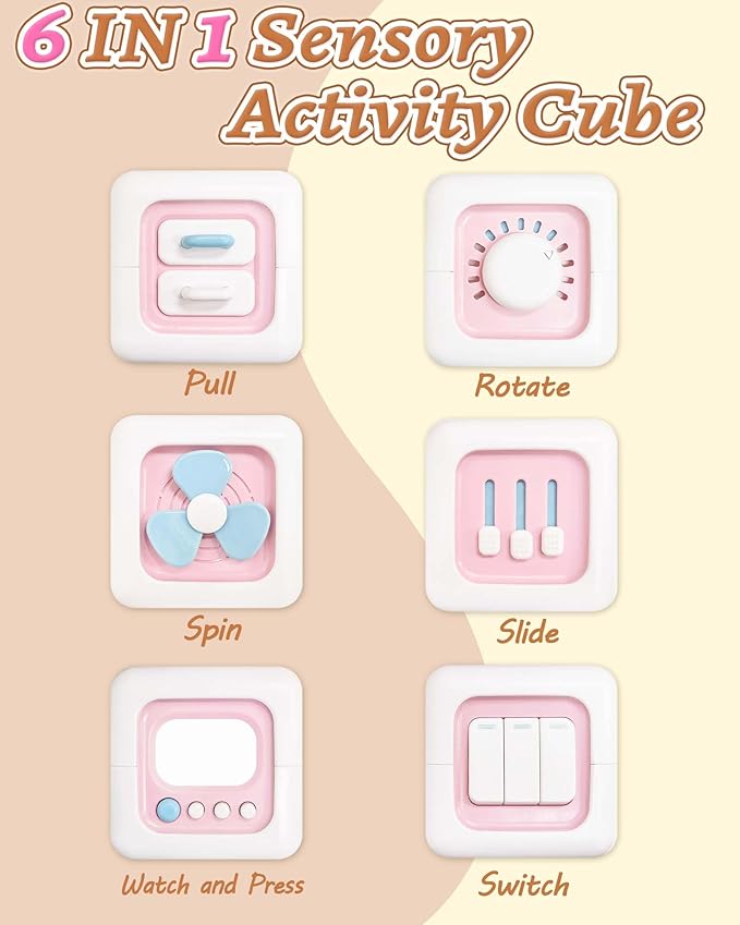 Kidific 6 in 1 Busy Cube Montessori Toys for 1 Year Old Girl, Baby Sensory Toys for Ages 1-3, Toddler Learning Activities Travel Toy Birthday Gift for 1 2 3 Year Old Girl -Pink