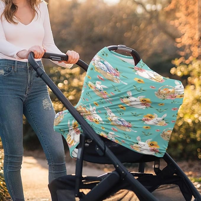 Wanyint Infant Car Seat Cover Stretchy Nursing Scarf Car Seat Canopy Shopping Cart Cover High Chair Cover Protect Babies Breastfeeding Mothers, Easter Rabbit Eggs Basket Flower Teal