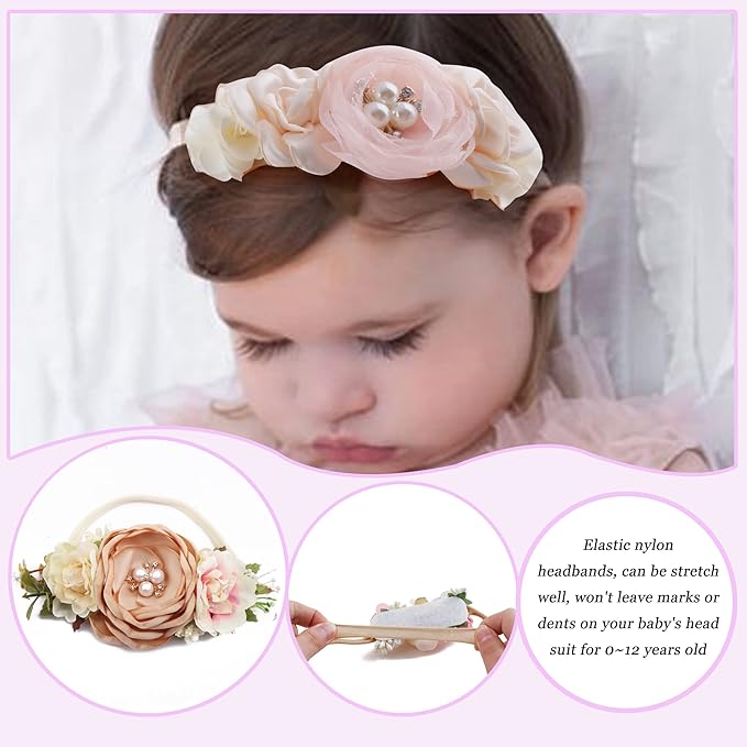 Baby Girl Flower Headband 6 PCS Elastic Hairbands Handmade Nylon Bows Headbands Chic Floral Hair Accessories Kids Gifts for Newborn Infant Toddlers