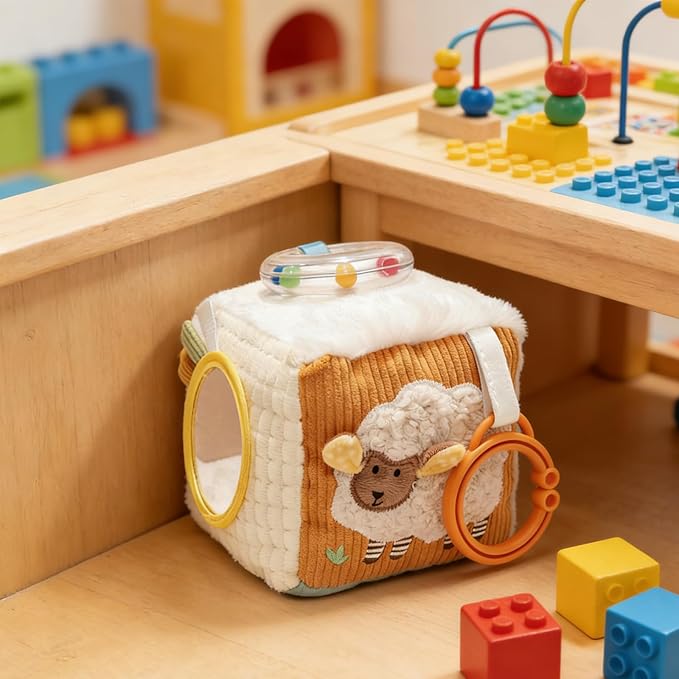 let's make Baby Activity Cube, Farm Soft Block Sensory Toys 6-12 Months with Rattle, 3D Corduroy, Mirror & Travel Clip - Tummy Time Toy Boy Girl Gifts