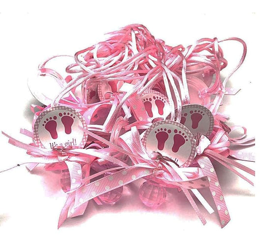 RBN 12 PCS Pacifier Blue Baby Foot Print ITS A Girl Necklaces Baby Shower Game Favors Prizes Girl Decor (Pink), 1 Count (Pack of 12)