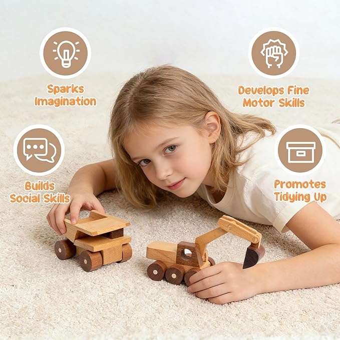 Wooden Toy Cars for 3 Year Old Boys & Girls - Construction Vehicles Set Push Toys for Toddlers, Wood Montessori Car with Rolling Wheels, Natural Wood Toys (Excavator & Dump Truck)