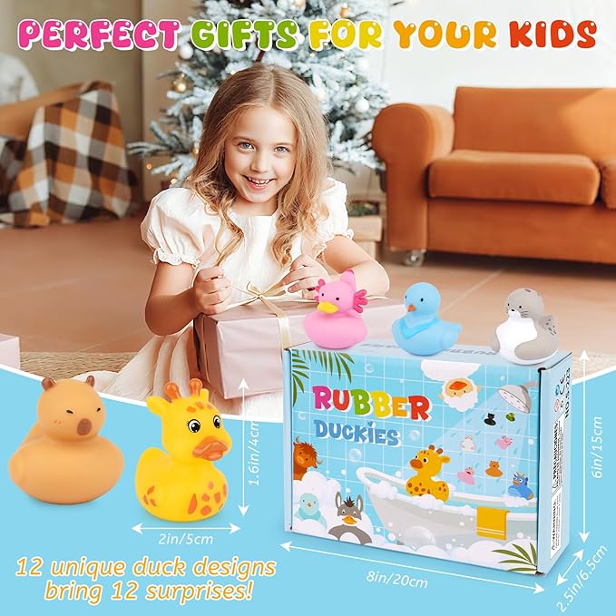12PCS Rubber Ducks - Assorted Rubber Ducks with Black Cat,Highland Cow,Sheep Bath Toys,Toddler No Hole Ducks for Jeeps,Baby Bath Toys, Animal Bath Duckies for Baby Shower Pool Party Favors