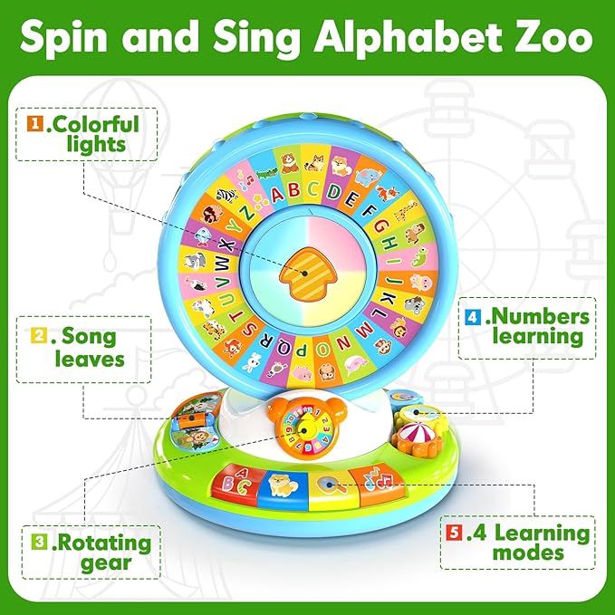 Toys for 1 2 3 Year Old Boys Girls, Spin & Sing ABC Alphabet Learning Zoo with Lights & Sounds, Musical Educational Toy for Toddler 1-3, Christmas 1st Birthday Gifts for Baby Kids Age 12-18 Months+
