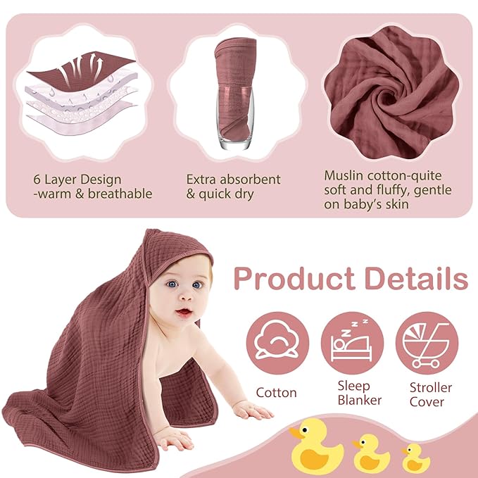 Peryiter 4 Pcs Muslin Hooded Baby Towels 32 x 32 Inch Cotton Newborn Bath Essentials Muslin Infant Blankets Absorbent Registry Gifts for Girl Boy Kids Baby Shower (Dark Color)