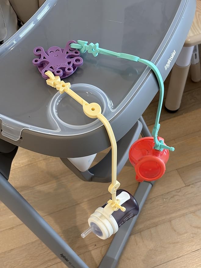 No-Throw Baby Tether Set – Suction Cup Anchor Base with 2 Silicone Straps – Keeps Toys, Cups & Utensils Off the Floor – BPA-Free, Dishwasher Safe - Colors Vary