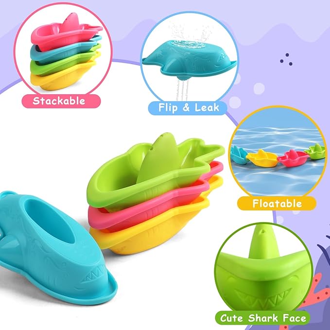 Fajiabao Bath Toys for Kids Ages 1-3 Toddler Bath Toys Mold Free for 2-4 Stacking Boat Water Table Pool Sand Bathtub Sensory Toys for Girls Boys Gifts 6 PCS (Color Random