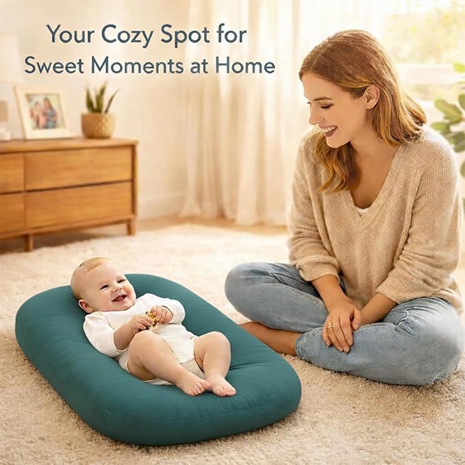Baby Lounger for Newborn,Baby Play Mat Soft Cotton for Playtime & Sitting,Flat Babies Essentials Gifts Awake-Time for Boys & Girls 0-12 Months Home Travel(Peacock Green)
