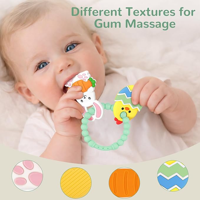 Easter Teething Ring for Baby, Bunny Carrot & Chick Egg Silicone Teether Bracelet, Sensory Chew Toys for Newborns & Infants 3–12 Months, Easter Basket Stuffers for Toddlers, Baby First Easter Gift