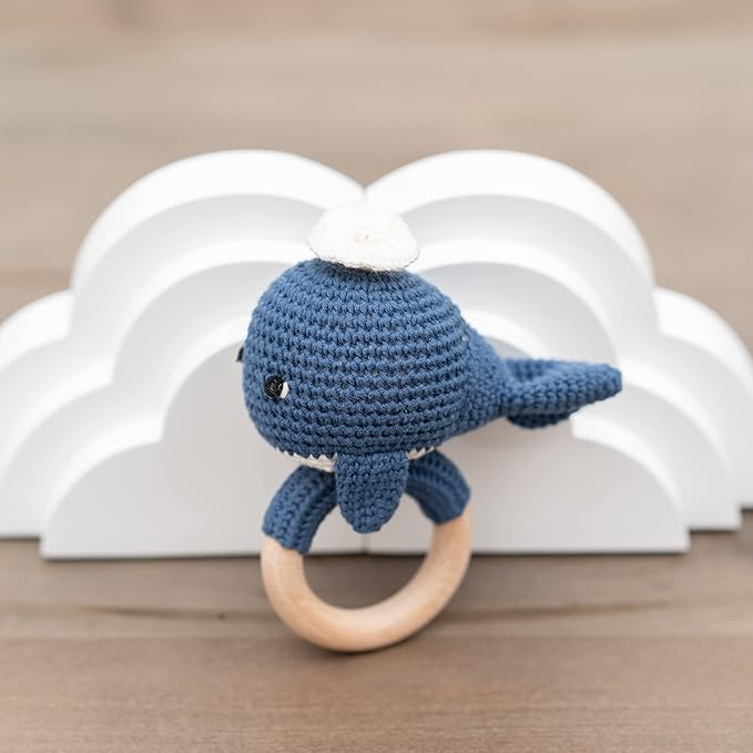 Handmade Cotton Crochet Amigurumi Rattle - Educational Baby Stuff for New Moms, Stuffed Animals for Infants, Baby Boy Stuff - Blue Whale with Wooden Handle - Perfect for Newborns and Toddlers
