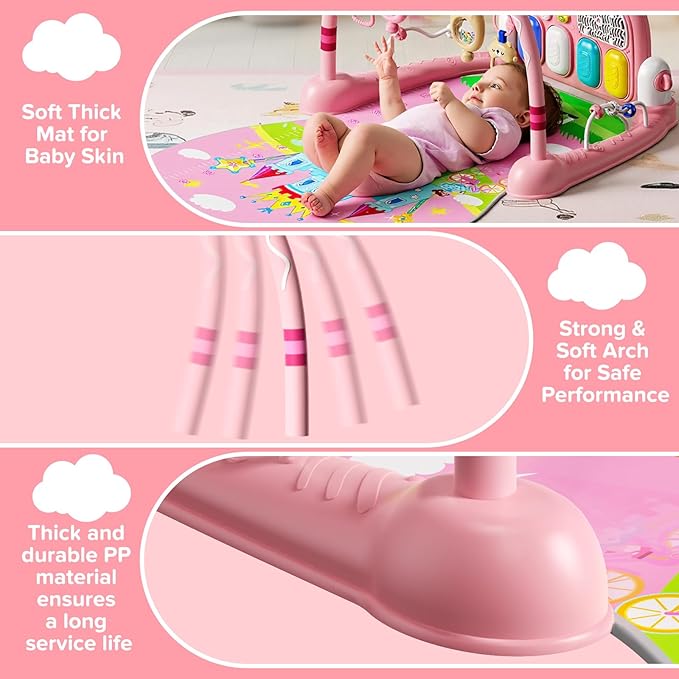 Baby Play Mat Kick and Play Piano Gym，Baby Floor Play Gym Tummy Time Mat，Baby Activity Mat with Music Lightsat and Sensory Toys Boy & Girl Gifts for Infant Newborn 0 to 3 6 9 12 Months (Pink)