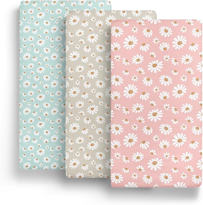 The Peanutshell 3-Pack Fitted Playard Sheets - Soft & Breathable Baby Girl Mini Crib Sheets, Pack N Play Mattress, Fits Standard Playard Pack Play Mattresses - Daisy Dreams