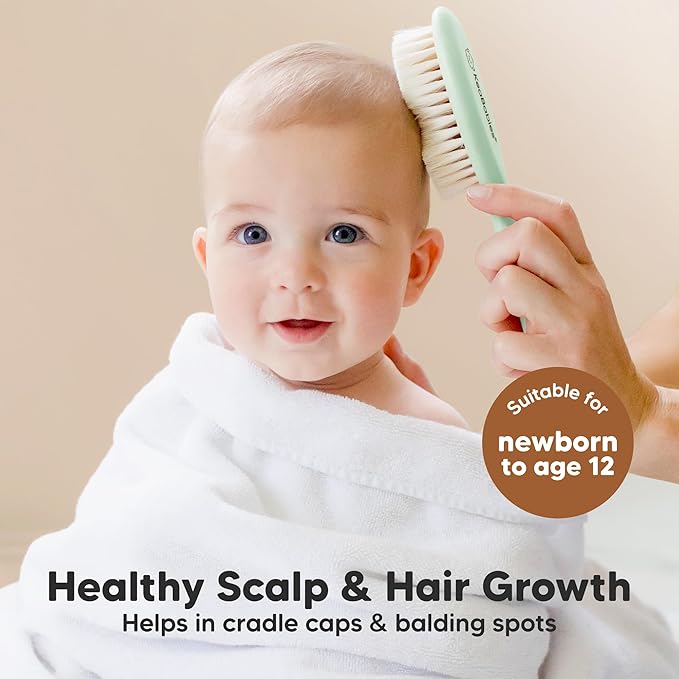 Wooden Baby Hair Brush for Toddler Girls, Boys - Cradle Cap Brush for Babies, Soft Goat Bristles, Perfect Gentle Scalp Newborn Comb for Infant, Girls, Boys, Bath Essentials (Sage, Regular)