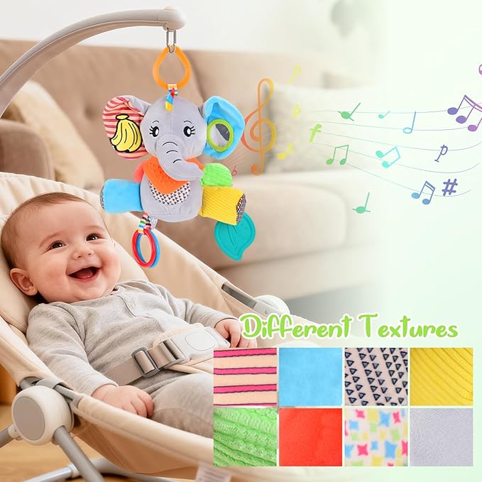 Baby Toys 0-6-12 Months: Elephant with Detachable Touch-Sensitive Sound Box (30 Sounds), Removable Bib, Teether, Rattle, BB Squeaker, Mirror | Attaches to Strollers, Car Seats, Carriers