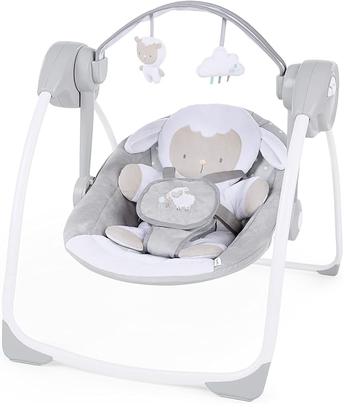 Ingenuity Comfort 2 Go Compact Portable 6-Speed Cushioned Baby Swing with Music, Folds Easy, 0-9 Months 6-20 lbs (Cuddle Lamb)