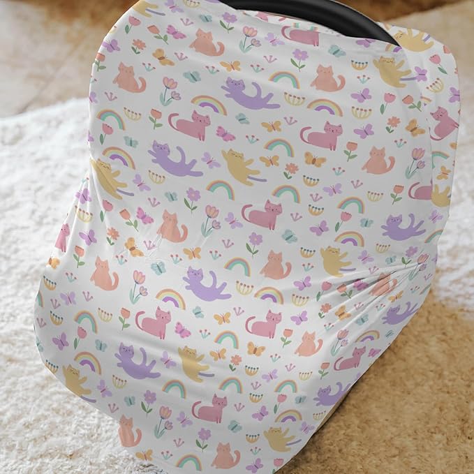 Colorful Cats Rainbow Flowers Baby Car Seat Covers Rainbow Cats Butterflies Stretchy 5-in-1 Cover Adjustable Infant Carseat Canopy Cover Cats Lover Gift Breathable Nursing Cover-Up