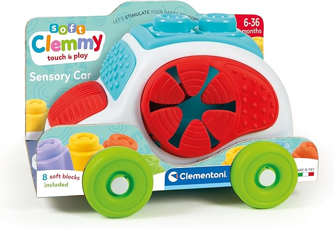 Clementoni- Soft Clemmy Sensory Car: Fun & Developmental Play for Babies & Toddlers, Stimulating Textures, Shapes & Stacking Blocks - Multicolored (6+ Months)