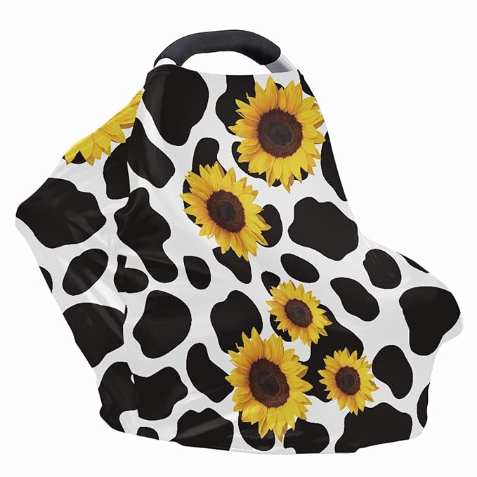 Coldinair Cow Sunflower Print Car Seat Cover for Babies Girls,Soft Stretchy Nursing Cover,Breathable Infant Carseat Canopy,Shopping Cart/High Chair/Stroller Covers