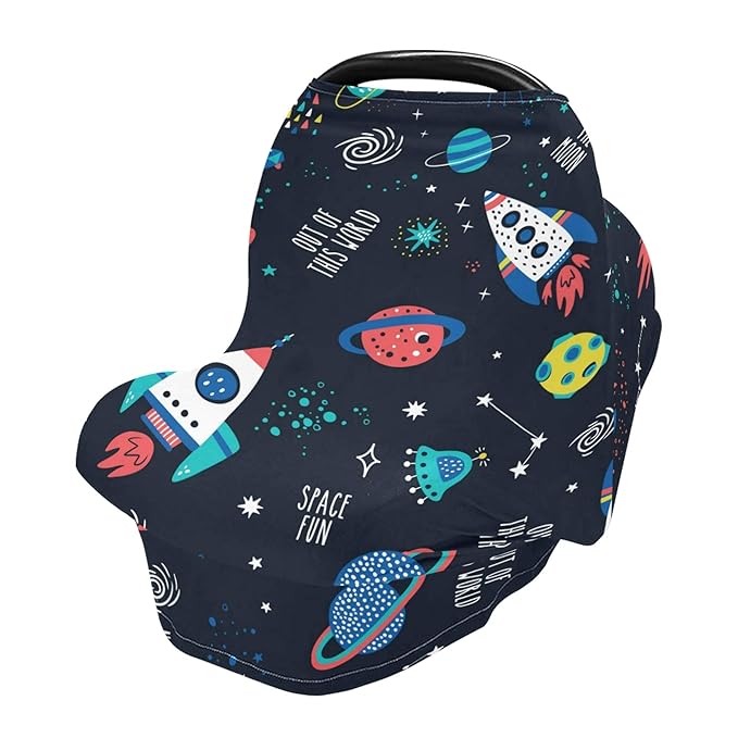 Outer Space Pattern Rocket Planet UFO Star Constellation Nebula Stretchy Baby Car Seat Cover Infant Canopy Nursing Covers Breastfeeding Cover Breathable Windproof Winter Scarf for Boys Girls