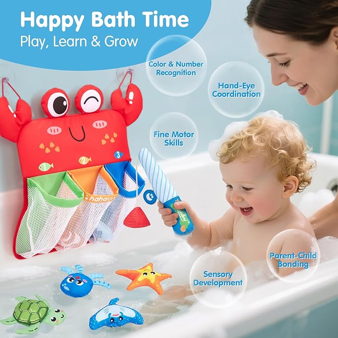 hahaland Bath Toys for Kids Ages 1-3 - Soft Magnetic Fishing Toys with Color Sorting Mesh, Mold Free Bathtub Shower Water Toy Toddler Educational Learning Bath Toys for 1 Year Old Boy Girl Gifts