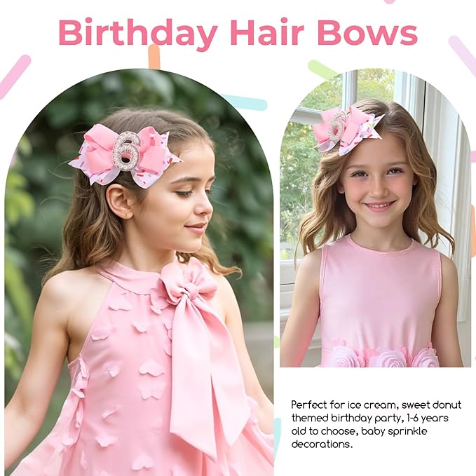 2PCS Hair Bows for Baby Girls Birthday - 6th Birthday Hair Bow Sweet Theme with Ice Cream Party, Pink Hair Accessories for Baby Toddler 1 2 3 4 5 6 Years, Outfit & Decorations